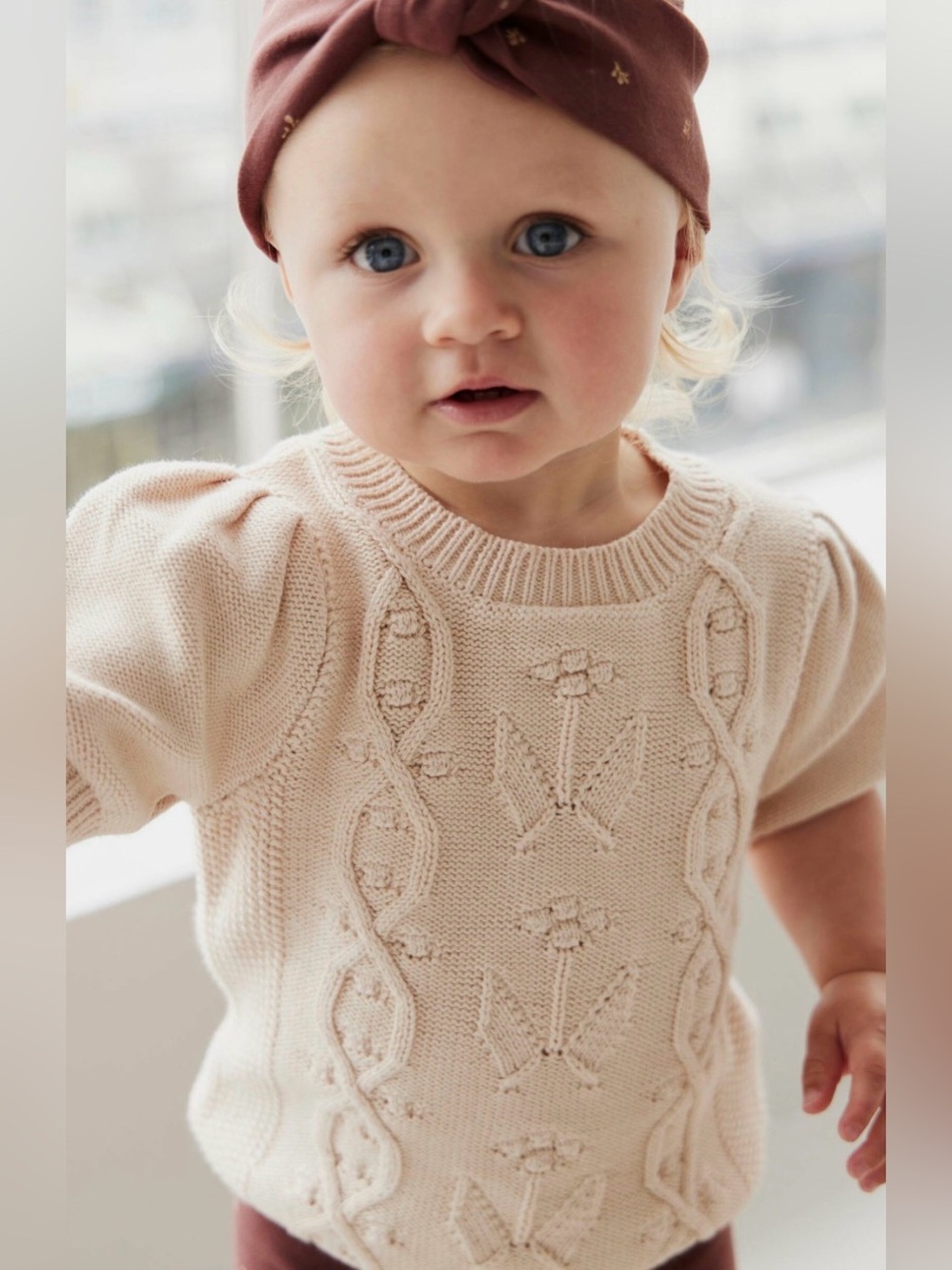 Jamie Kay Vivienne Knitted Top 6-12 months Clay Tan puff sleeves 100% cotton lux